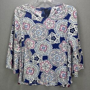 Crown & Ivy Top Size Large Back Ribbon Closure Bell Sleeves Blue White Pink Boho